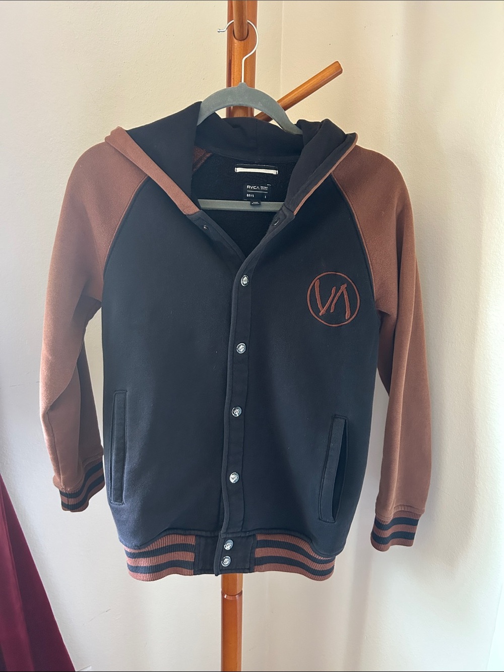 RVCA Black and Brown Hooded Snap Sweatshirt Jacket